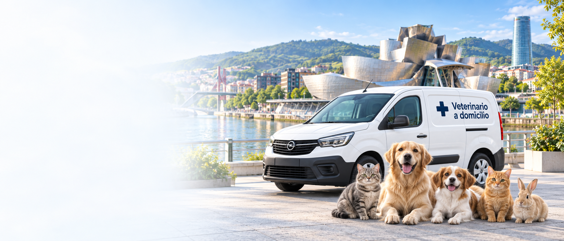 Panorámica de Bilbao con una furgoneta veterinaria, dos perros, dos gatos y un conejo